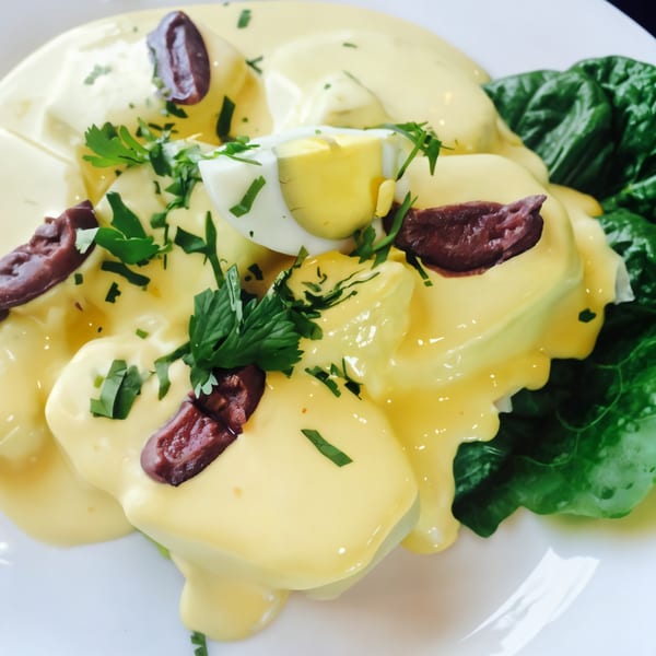 Peruvian Papa a la Huancaína, featuring potatoes in yellow sauce, hard-boiled egg, olives, and lettuce.