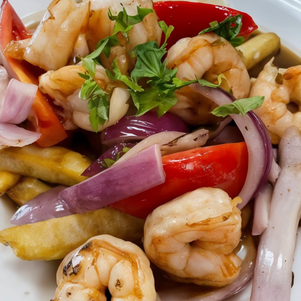 Peruvian shrimp dish with red onions, red peppers, and green herbs, served in a white bowl.