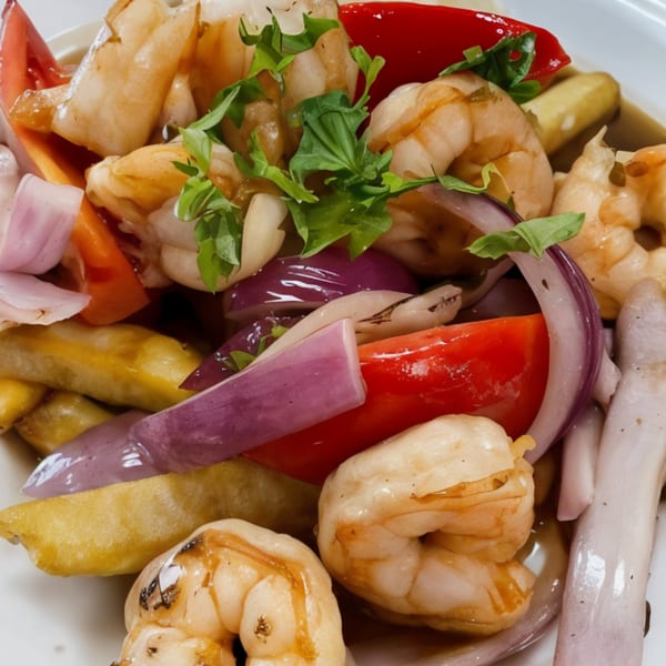 Peruvian shrimp dish with red onions, red peppers, and green herbs, served in a white bowl.
