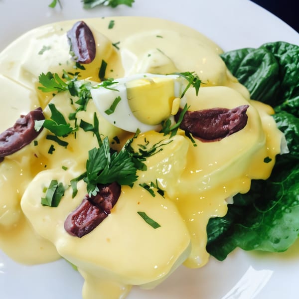 Peruvian Papa a la Huancaína with yellow sauce, olives, hard-boiled egg, and parsley on lettuce.